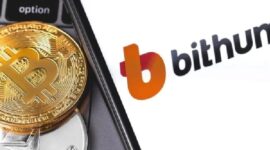 Logo pertukaran cryptocurrency Bithumb ditempatkan di samping dua logo Bitcoin dan Ether. Foto oleh Primakov/Shutterstock